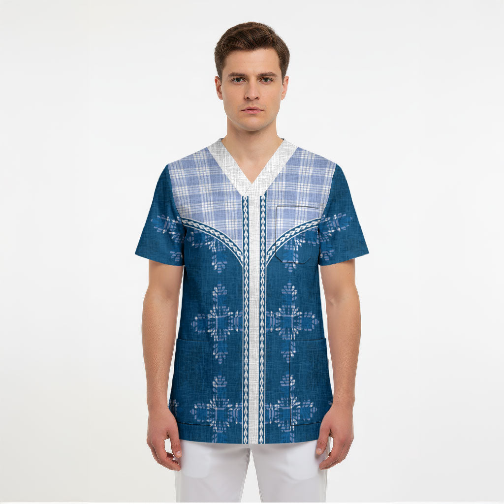 Blue Hawaii Paniolo Quilt Motif Scrub Top LT05 - Polynesian Pride