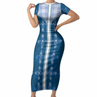 Blue Hawaii Paniolo Quilt Motif Short Sleeve Bodycon Dress LT05 Long Dress Blue - Polynesian Pride