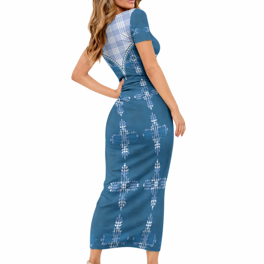 Blue Hawaii Paniolo Quilt Motif Short Sleeve Bodycon Dress LT05 - Polynesian Pride