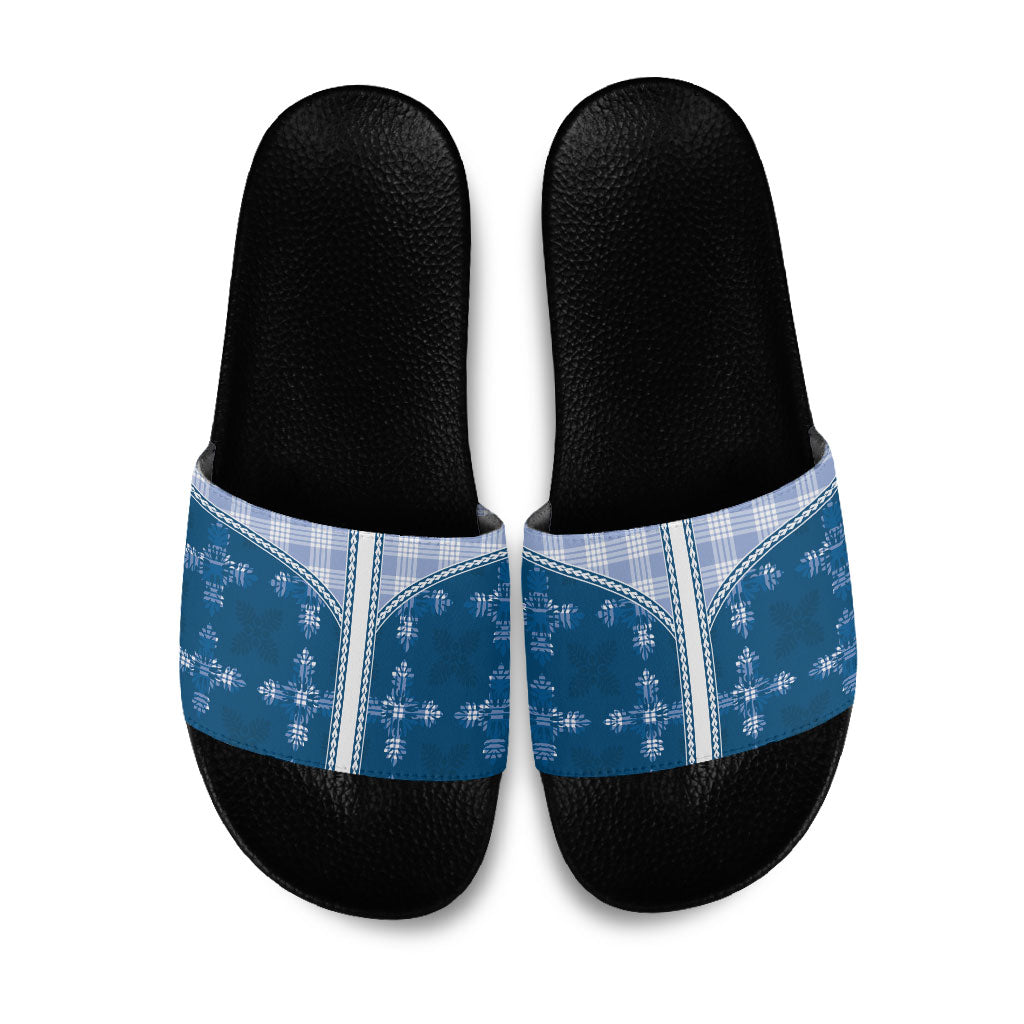 Blue Hawaii Paniolo Quilt Motif Slide Sandals LT05 Blue - Polynesian Pride