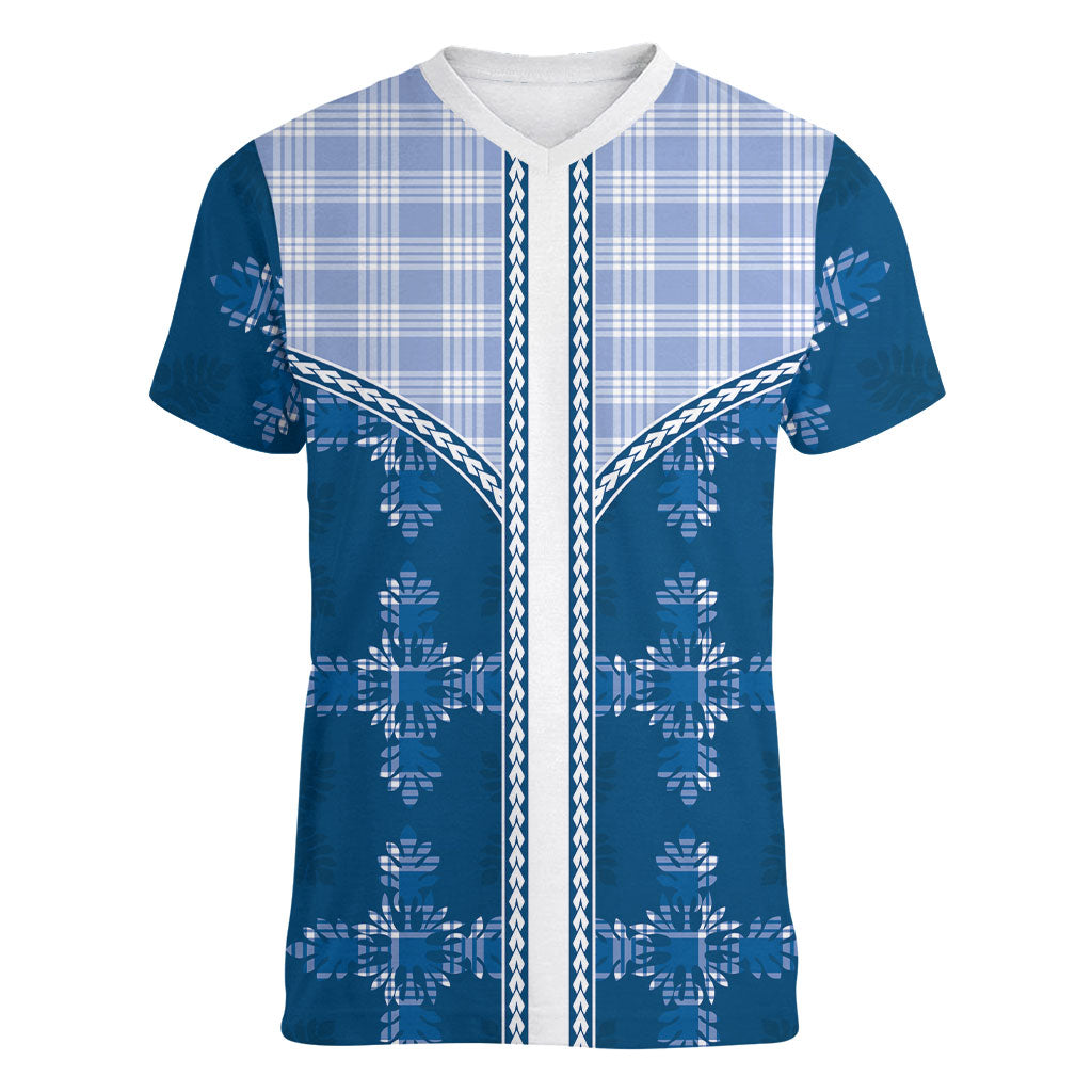 Blue Hawaii Paniolo Quilt Motif Women V-Neck T-Shirt LT05 Female Blue - Polynesian Pride