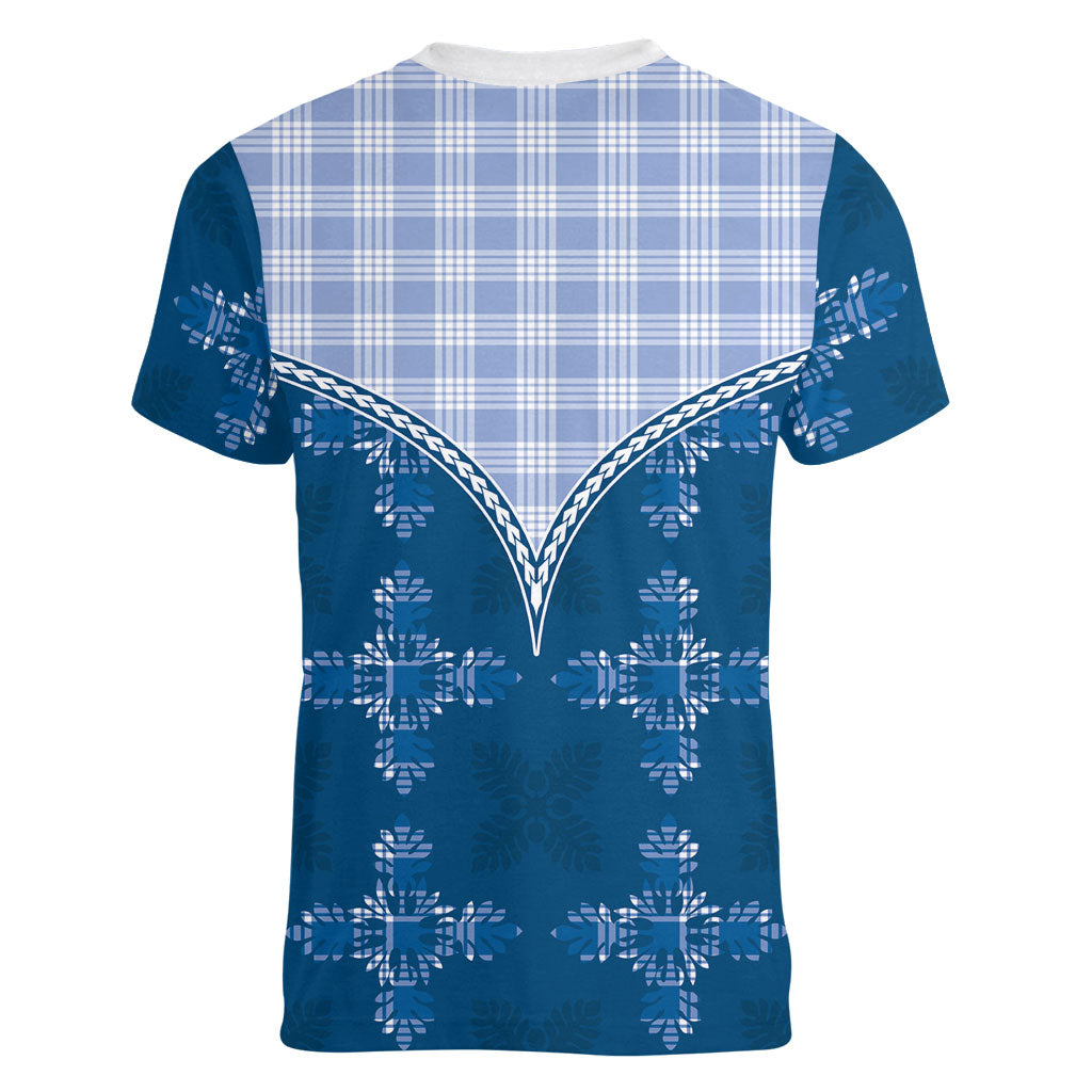 Blue Hawaii Paniolo Quilt Motif Women V-Neck T-Shirt LT05 - Polynesian Pride