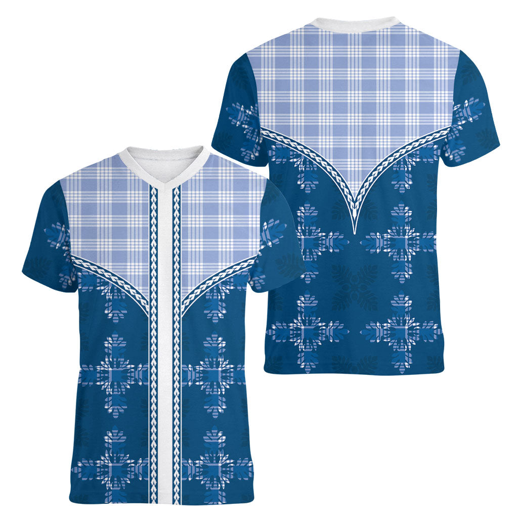 Blue Hawaii Paniolo Quilt Motif Women V-Neck T-Shirt LT05 - Polynesian Pride