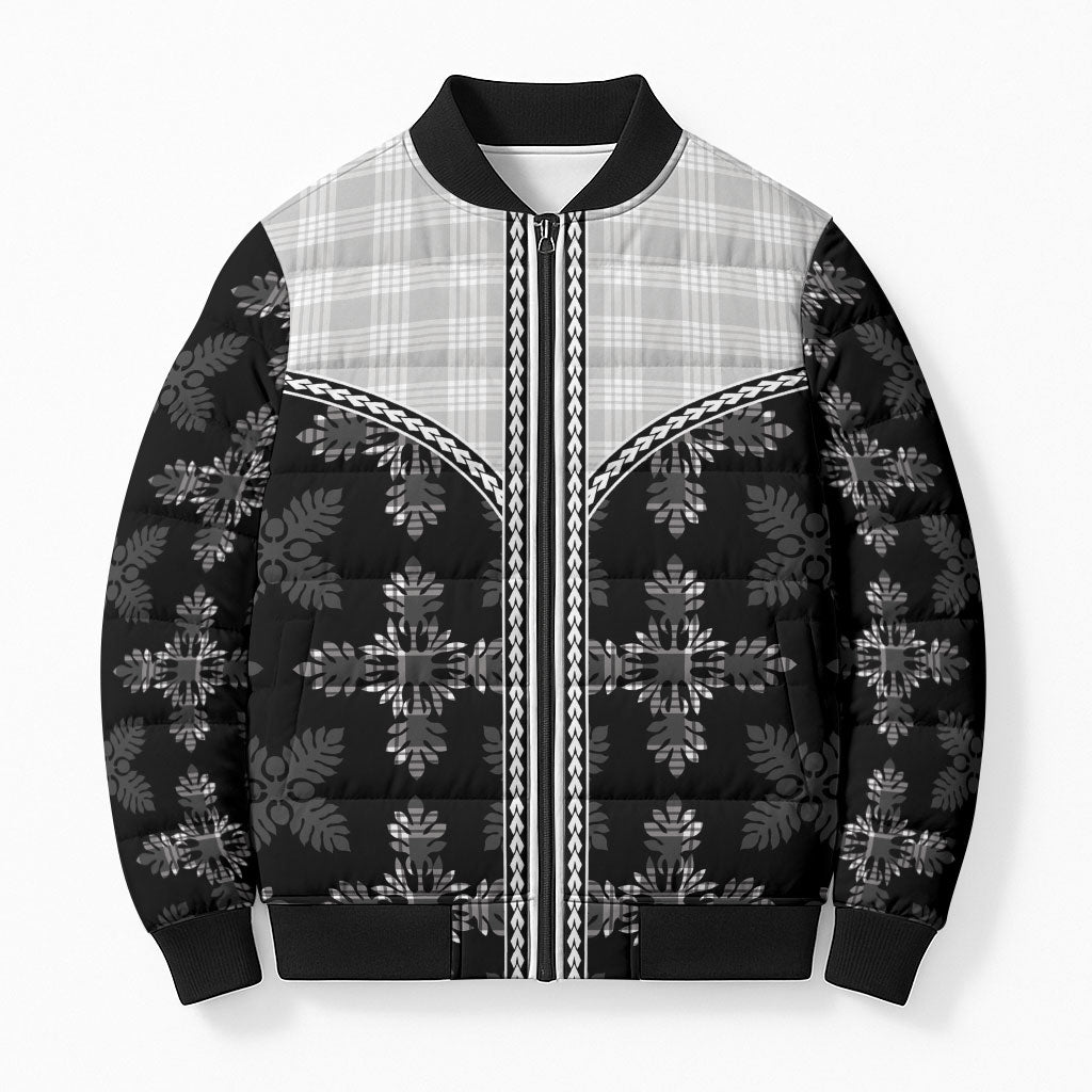 Black Hawaii Paniolo Quilt Motif Bomber Puffer Jacket LT05 Unisex Black - Polynesian Pride