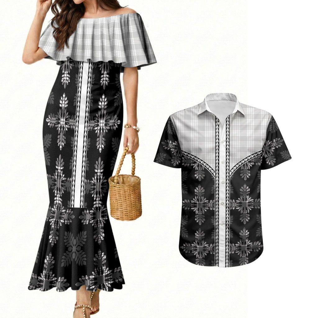 Black Hawaii Paniolo Quilt Motif Couples Matching Mermaid Dress and Hawaiian Shirt LT05 Black - Polynesian Pride
