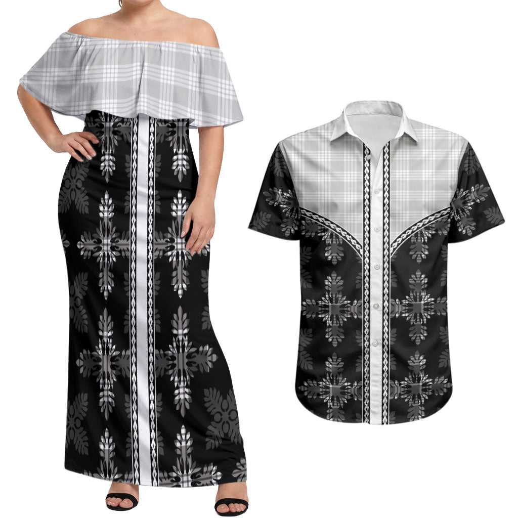 Black Hawaii Paniolo Quilt Motif Couples Matching Off Shoulder Maxi Dress and Hawaiian Shirt LT05 Black - Polynesian Pride