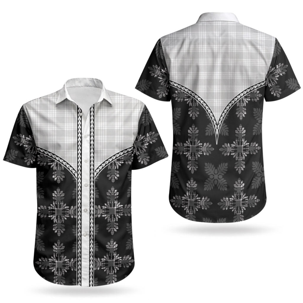 Black Hawaii Paniolo Quilt Motif Couples Matching Off Shoulder Short Dress and Hawaiian Shirt LT05 - Polynesian Pride