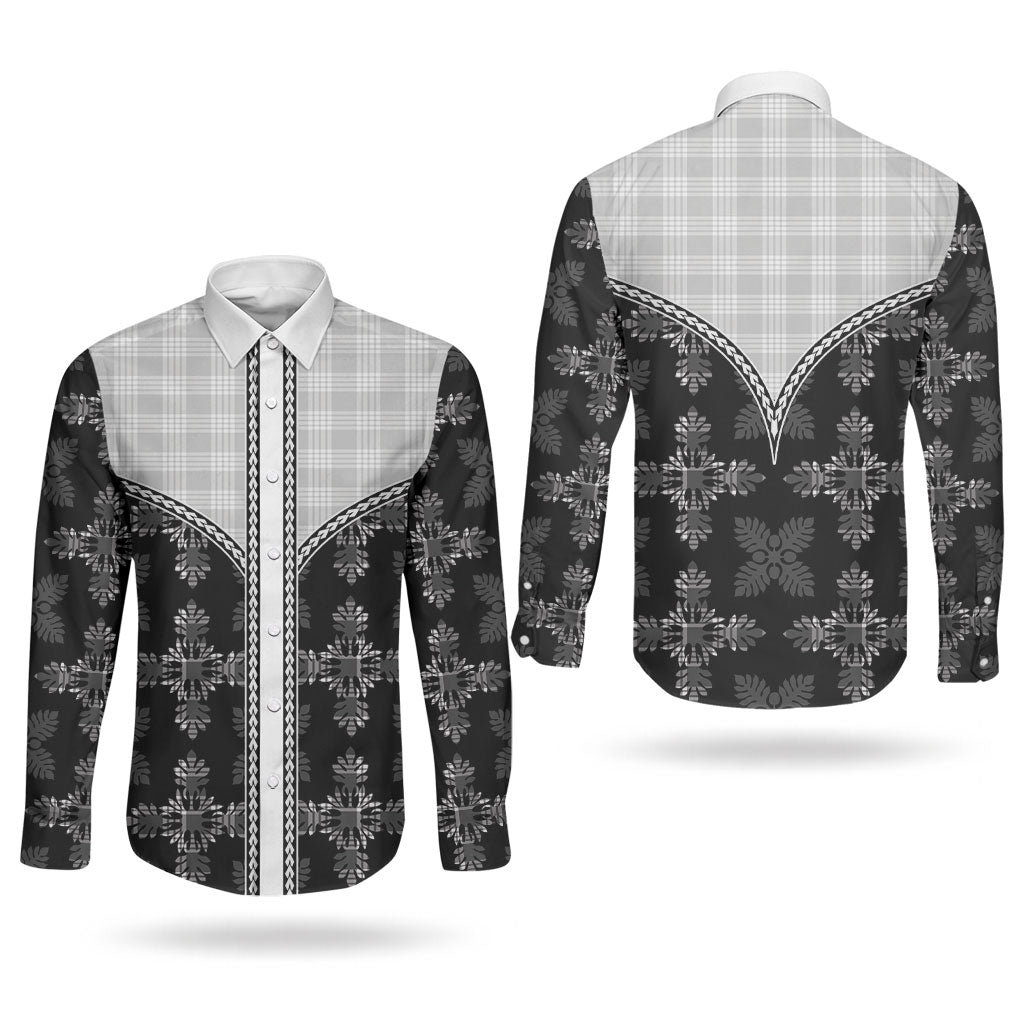 Black Hawaii Paniolo Quilt Motif Couples Matching Puletasi and Long Sleeve Button Shirt LT05 - Polynesian Pride