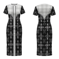 Black Hawaii Paniolo Quilt Motif Couples Matching Short Sleeve Bodycon Dress and Long Sleeve Button Shirt LT05 - Polynesian Pride