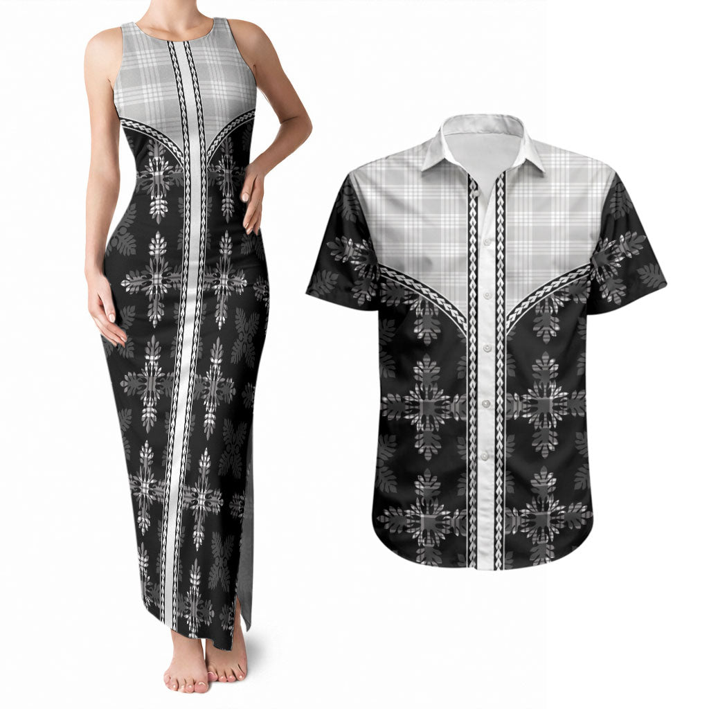 Black Hawaii Paniolo Quilt Motif Couples Matching Tank Maxi Dress and Hawaiian Shirt LT05 Black - Polynesian Pride