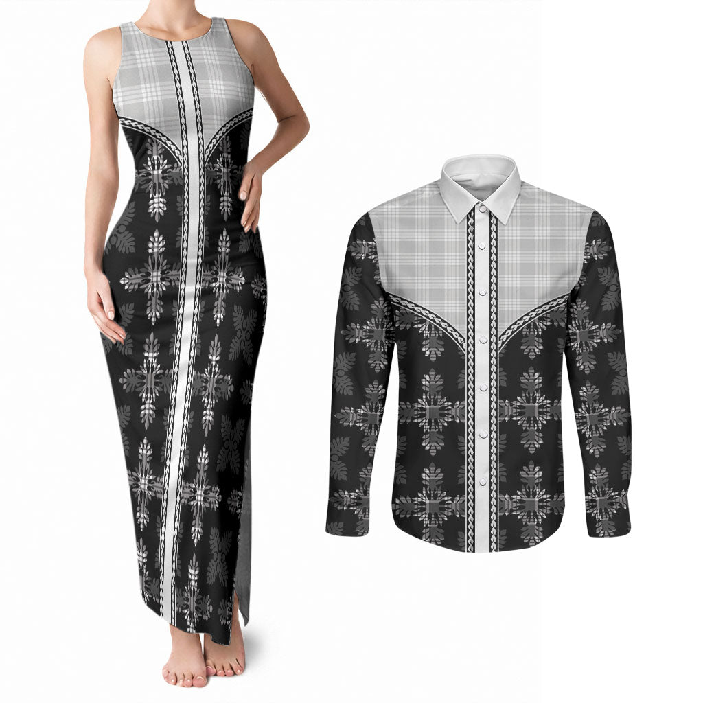 Black Hawaii Paniolo Quilt Motif Couples Matching Tank Maxi Dress and Long Sleeve Button Shirt LT05 Black - Polynesian Pride