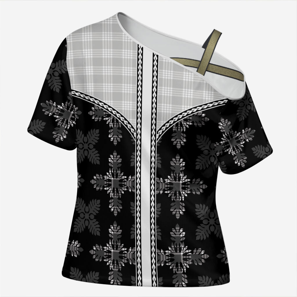 Black Hawaii Paniolo Quilt Motif Cross Shoulder Shirt LT05 Female Black - Polynesian Pride