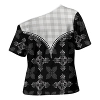 Black Hawaii Paniolo Quilt Motif Cross Shoulder Shirt LT05 - Polynesian Pride