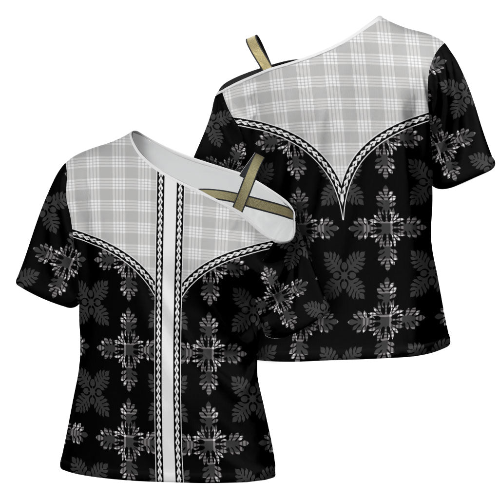 Black Hawaii Paniolo Quilt Motif Cross Shoulder Shirt LT05 - Polynesian Pride