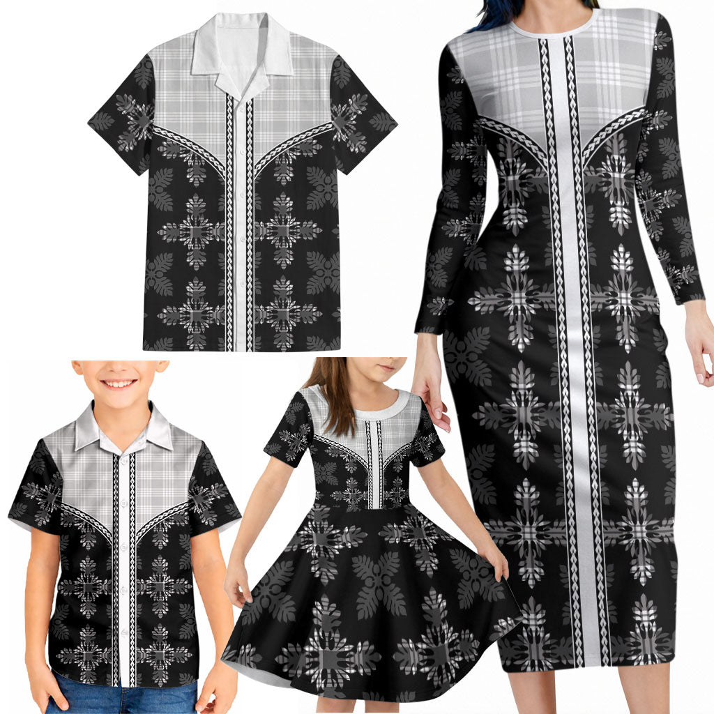 Black Hawaii Paniolo Quilt Motif Family Matching Long Sleeve Bodycon Dress and Hawaiian Shirt LT05 - Polynesian Pride