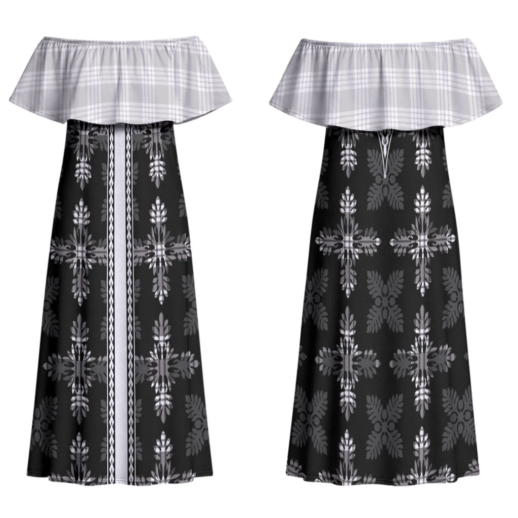 Black Hawaii Paniolo Quilt Motif Family Matching Off Shoulder Maxi Dress and Hawaiian Shirt LT05 Mom's Dress Black - Polynesian Pride