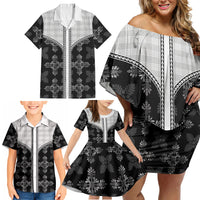 Black Hawaii Paniolo Quilt Motif Family Matching Off Shoulder Short Dress and Hawaiian Shirt LT05 - Polynesian Pride