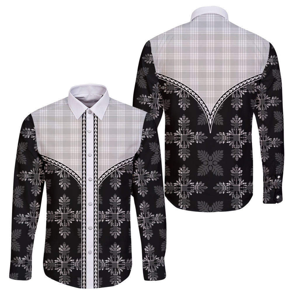 Black Hawaii Paniolo Quilt Motif Family Matching Off Shoulder Short Dress and Hawaiian Shirt LT05 Dad's Shirt - Long Sleeve Black - Polynesian Pride