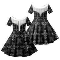 Black Hawaii Paniolo Quilt Motif Family Matching Off Shoulder Short Dress and Hawaiian Shirt LT05 Daughter's Dress Black - Polynesian Pride