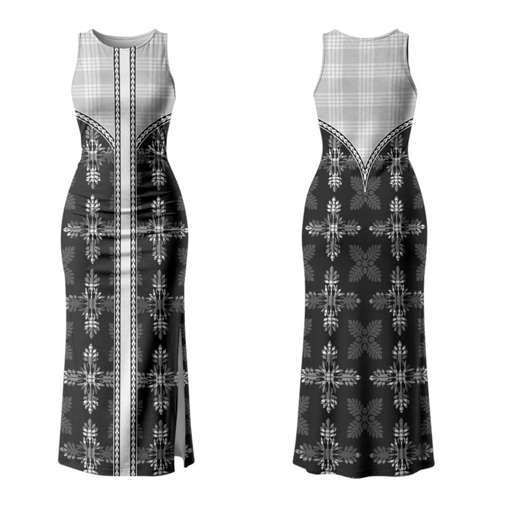 Black Hawaii Paniolo Quilt Motif Family Matching Tank Maxi Dress and Hawaiian Shirt LT05 Mom's Dress Black - Polynesian Pride