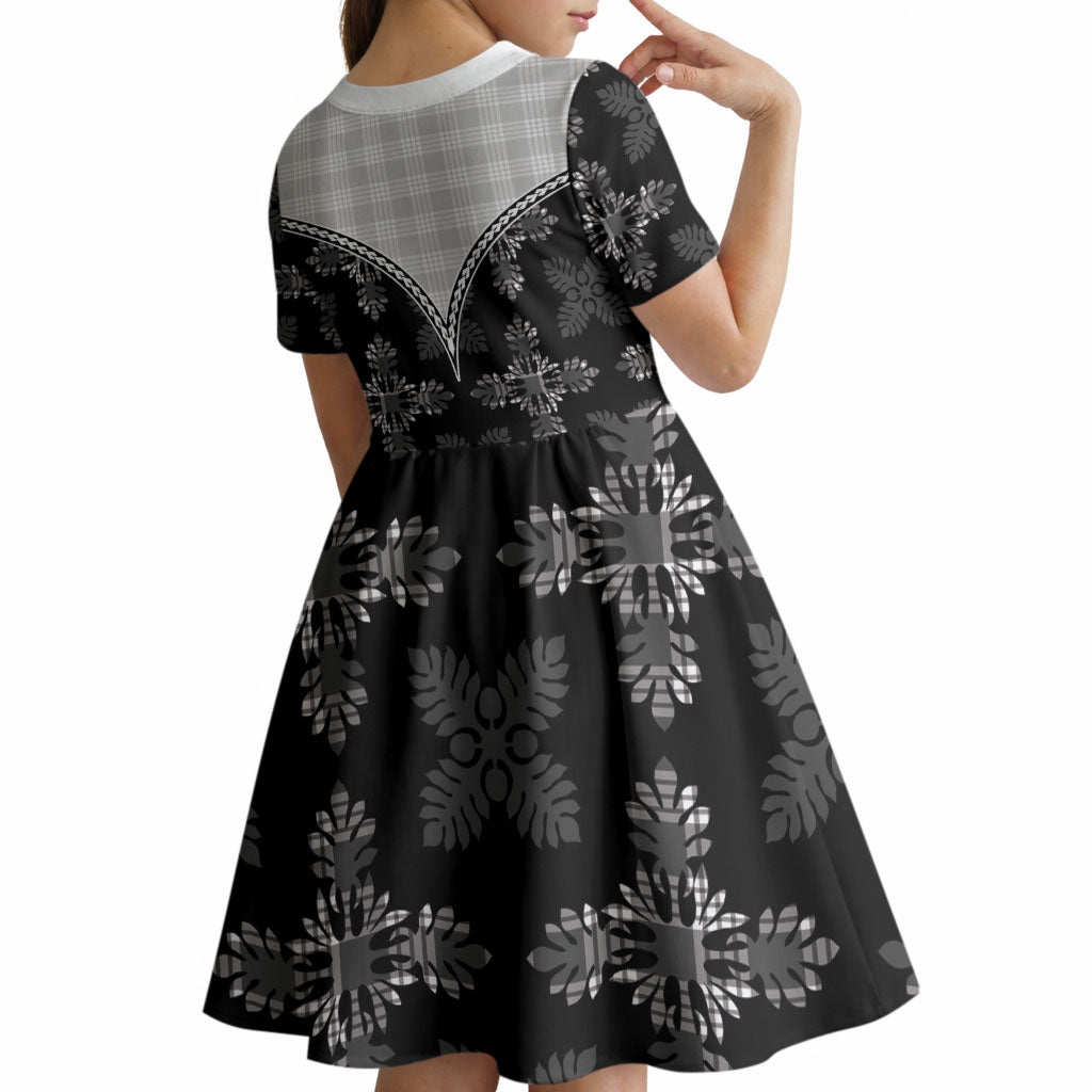 Black Hawaii Paniolo Quilt Motif Kid Short Sleeve Dress LT05 - Polynesian Pride