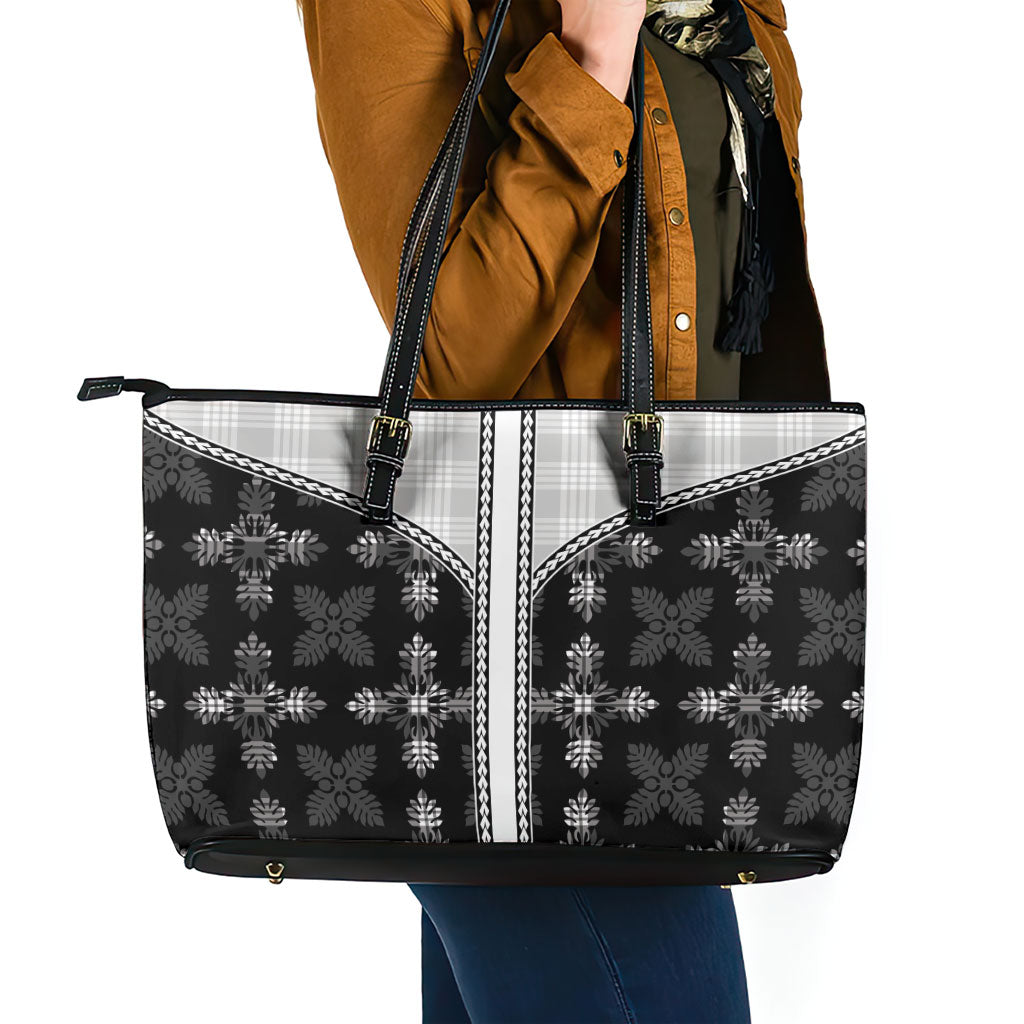 Black Hawaii Paniolo Quilt Motif Leather Tote Bag LT05 - Polynesian Pride