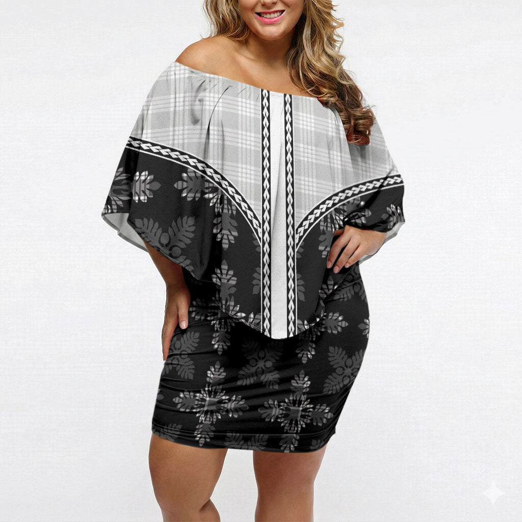 Black Hawaii Paniolo Quilt Motif Off Shoulder Short Dress LT05 Women Black - Polynesian Pride