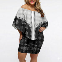 Black Hawaii Paniolo Quilt Motif Off Shoulder Short Dress LT05 Women Black - Polynesian Pride