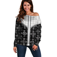 Black Hawaii Paniolo Quilt Motif Off Shoulder Sweater LT05 Women Black - Polynesian Pride