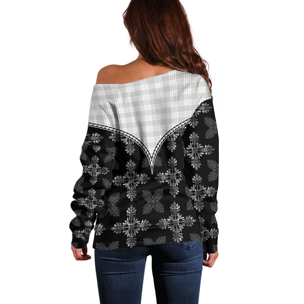 Black Hawaii Paniolo Quilt Motif Off Shoulder Sweater LT05 - Polynesian Pride