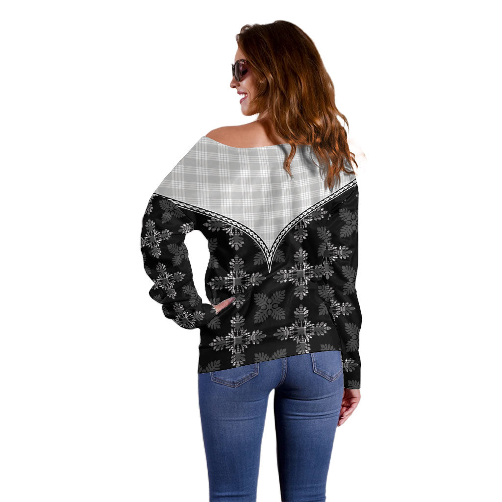 Black Hawaii Paniolo Quilt Motif Off Shoulder Sweater LT05 - Polynesian Pride