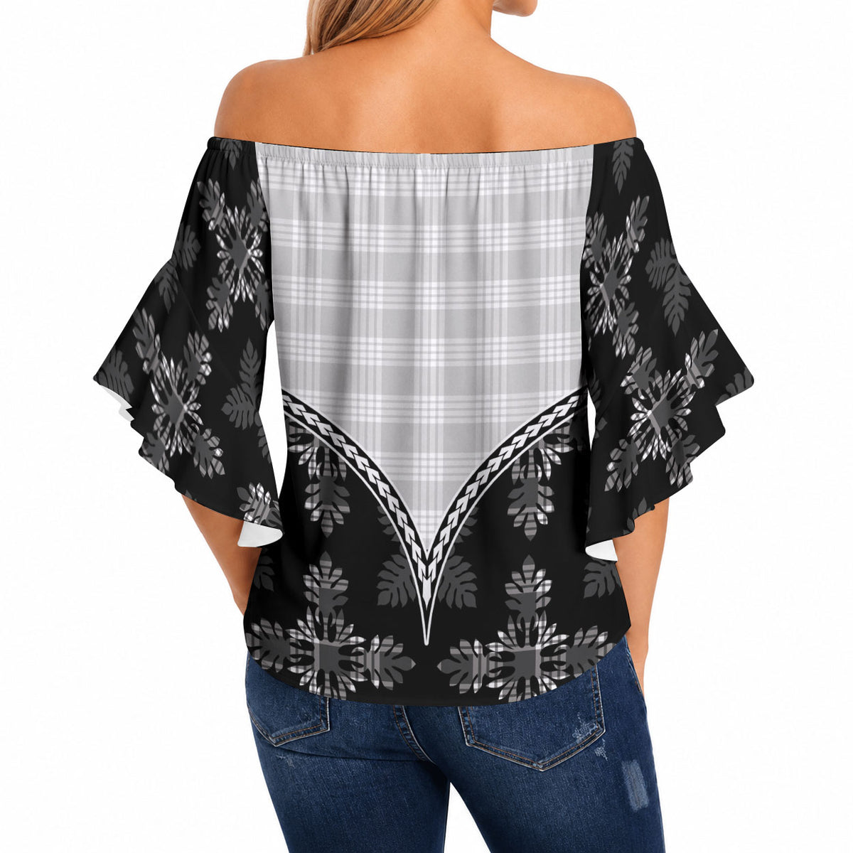 Black Hawaii Paniolo Quilt Motif Off Shoulder Wrap Waist Top LT05 - Polynesian Pride