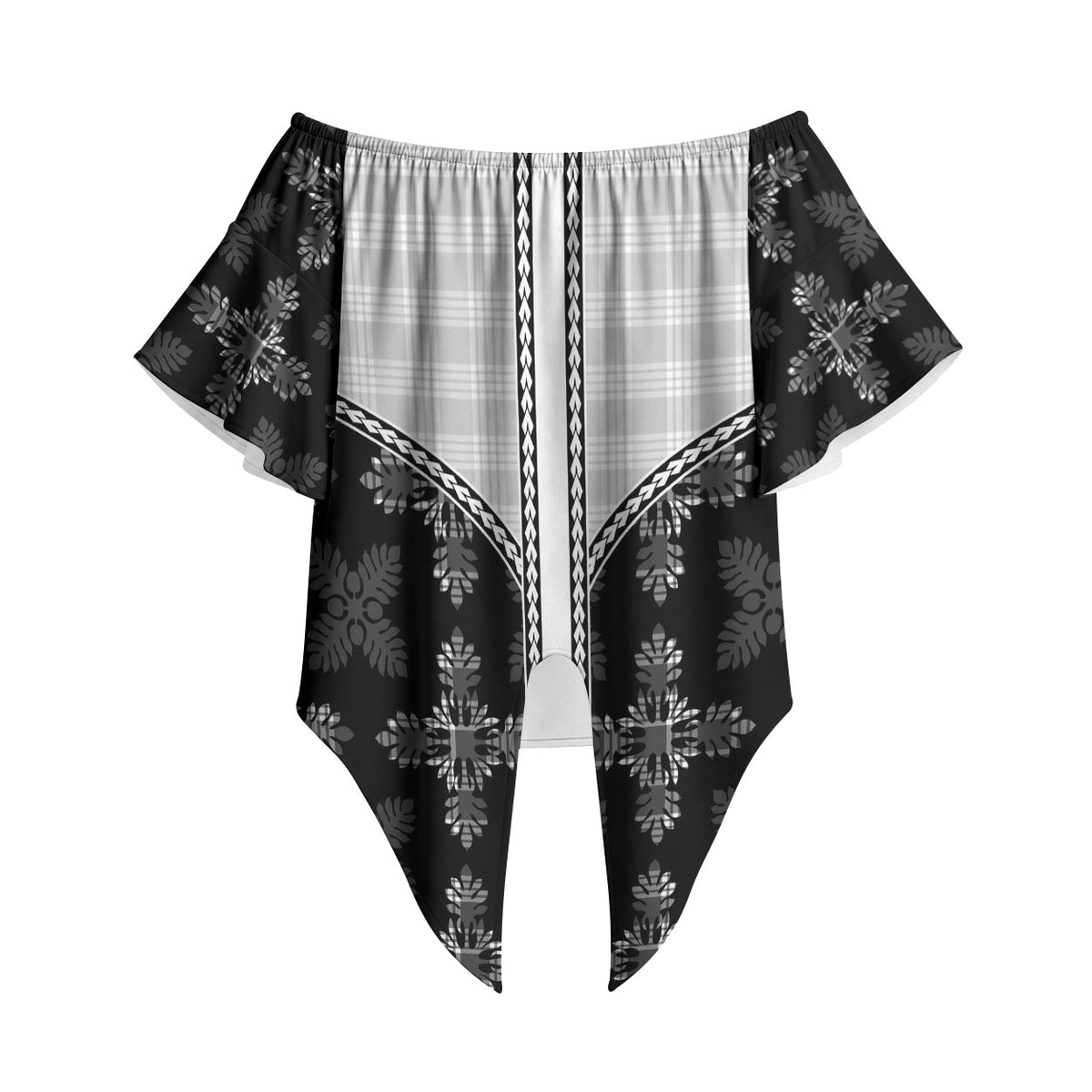 Black Hawaii Paniolo Quilt Motif Off Shoulder Wrap Waist Top LT05 - Polynesian Pride