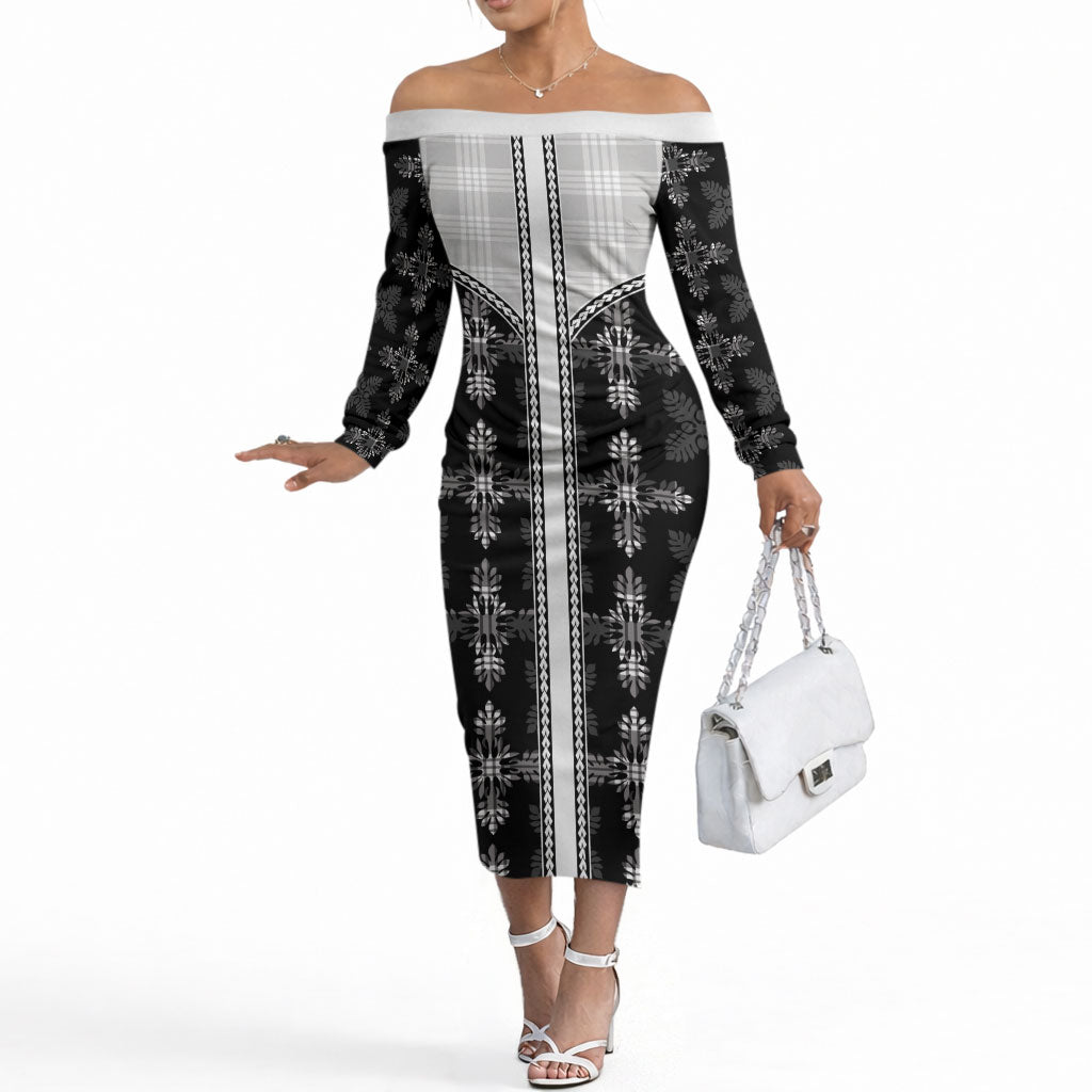 Black Hawaii Paniolo Quilt Motif Off The Shoulder Long Sleeve Dress LT05 Women Black - Polynesian Pride