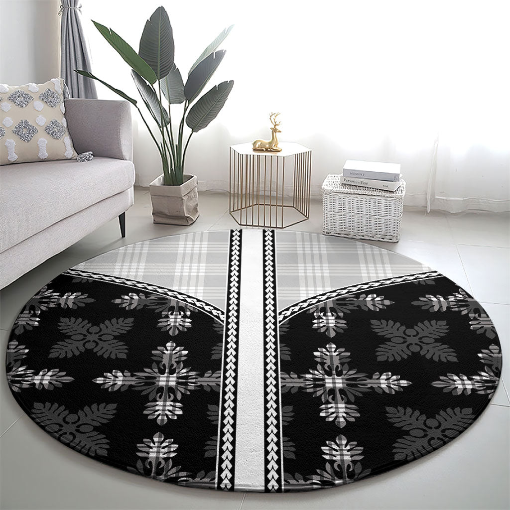 Black Hawaii Paniolo Quilt Motif Round Carpet LT05 - Polynesian Pride