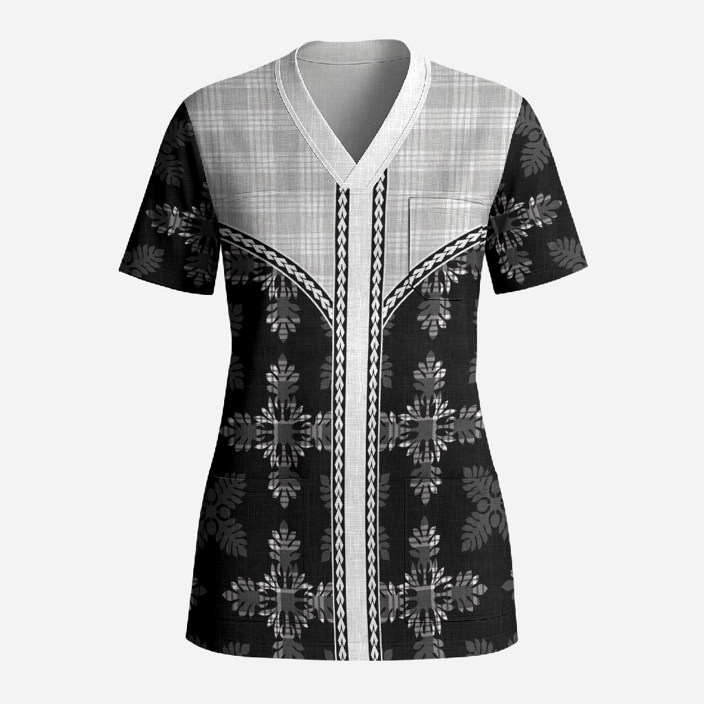 Black Hawaii Paniolo Quilt Motif Scrub Top LT05 Adult Black - Polynesian Pride