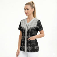 Black Hawaii Paniolo Quilt Motif Scrub Top LT05 - Polynesian Pride