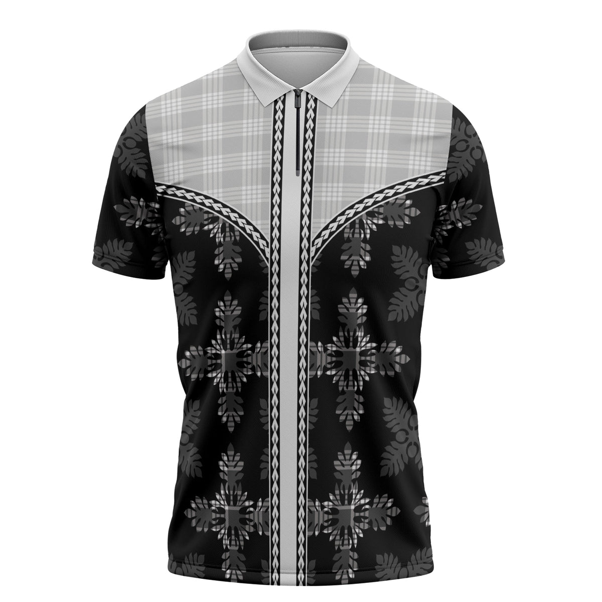 Black Hawaii Paniolo Quilt Motif Zipper Polo Shirt LT05 Black - Polynesian Pride