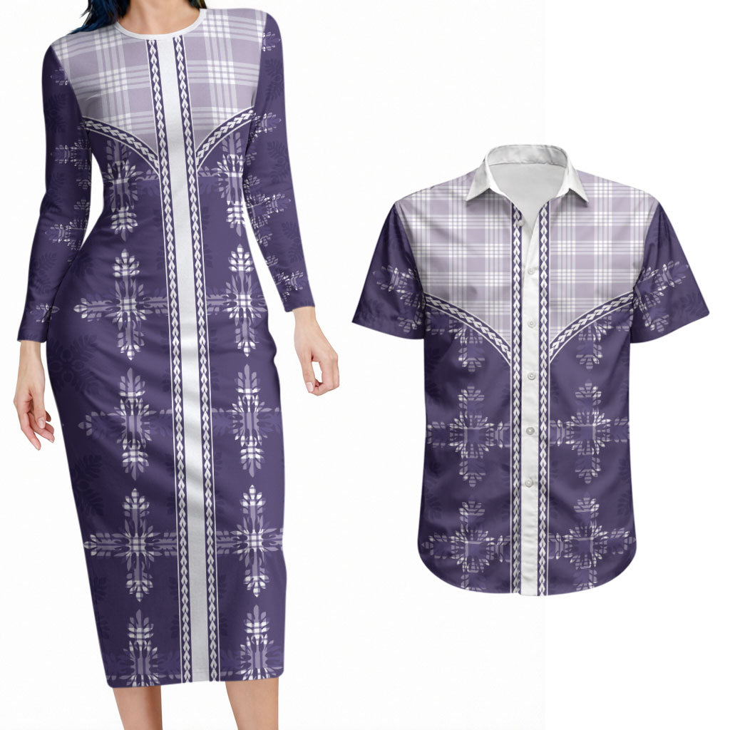 Purple Hawaii Paniolo Quilt Motif Couples Matching Long Sleeve Bodycon Dress and Hawaiian Shirt LT05 Purple - Polynesian Pride