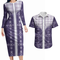 Purple Hawaii Paniolo Quilt Motif Couples Matching Long Sleeve Bodycon Dress and Hawaiian Shirt LT05 Purple - Polynesian Pride