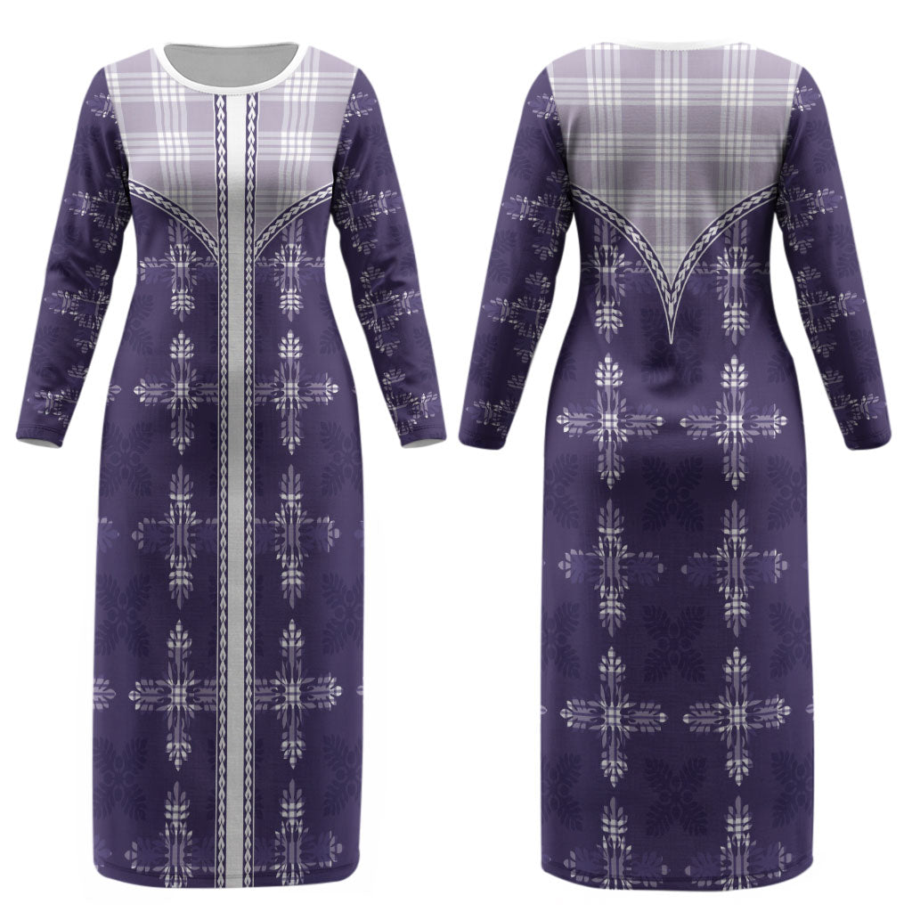 Purple Hawaii Paniolo Quilt Motif Couples Matching Long Sleeve Bodycon Dress and Hawaiian Shirt LT05 - Polynesian Pride
