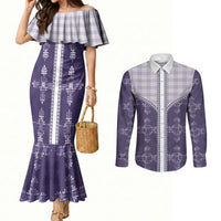 Purple Hawaii Paniolo Quilt Motif Couples Matching Mermaid Dress and Long Sleeve Button Shirt LT05 Purple - Polynesian Pride