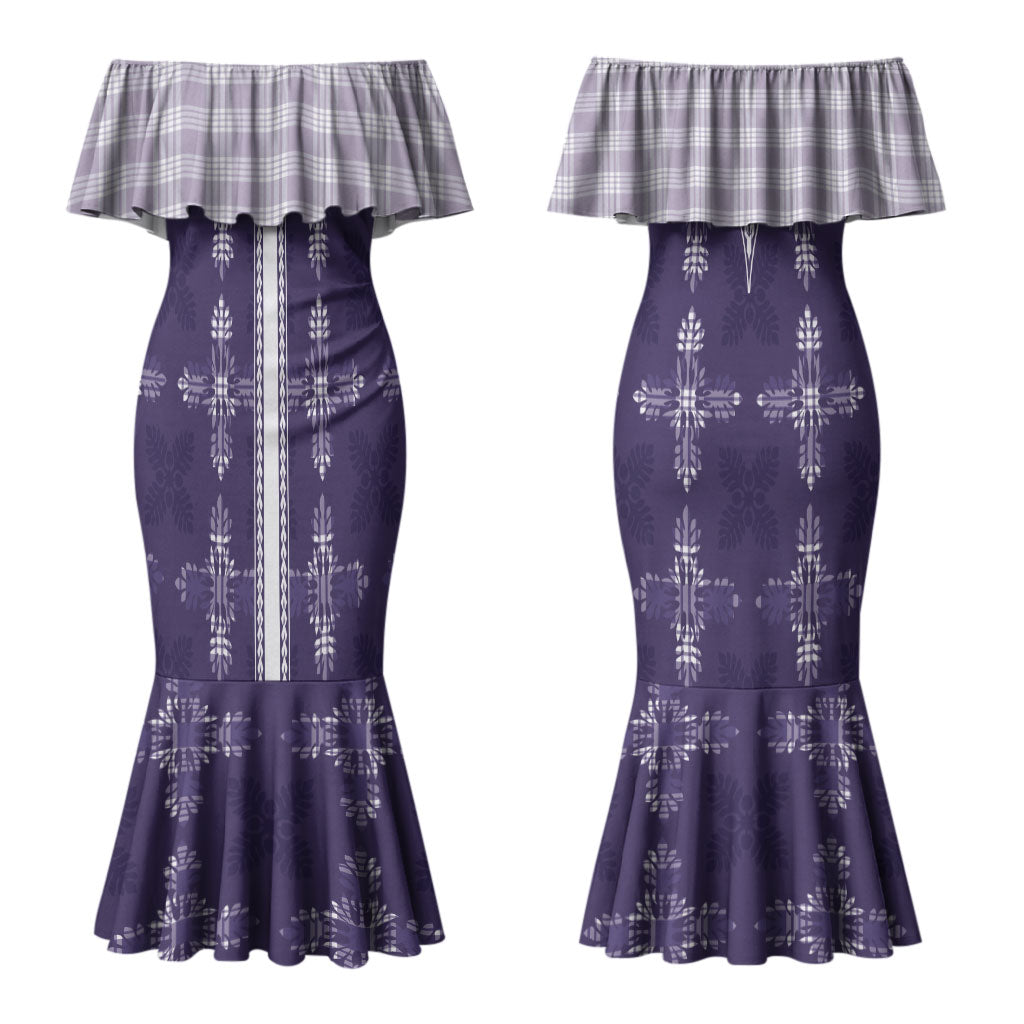 Purple Hawaii Paniolo Quilt Motif Couples Matching Mermaid Dress and Long Sleeve Button Shirt LT05 - Polynesian Pride