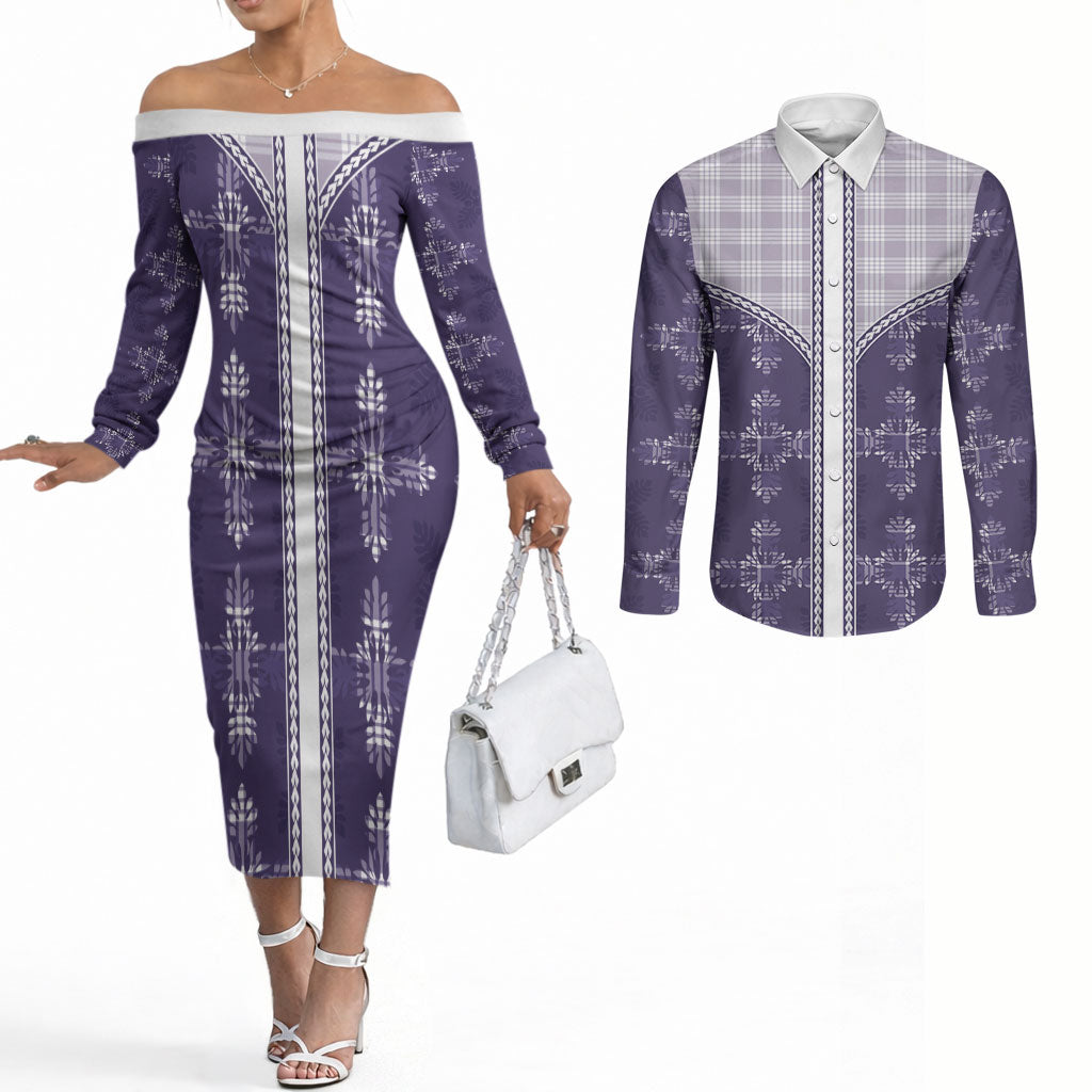 Purple Hawaii Paniolo Quilt Motif Couples Matching Off The Shoulder Long Sleeve Dress and Long Sleeve Button Shirt LT05 Purple - Polynesian Pride