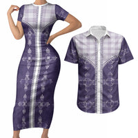 Purple Hawaii Paniolo Quilt Motif Couples Matching Short Sleeve Bodycon Dress and Hawaiian Shirt LT05 Purple - Polynesian Pride