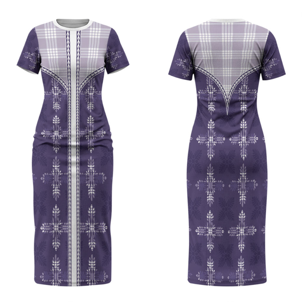 Purple Hawaii Paniolo Quilt Motif Couples Matching Short Sleeve Bodycon Dress and Hawaiian Shirt LT05 - Polynesian Pride