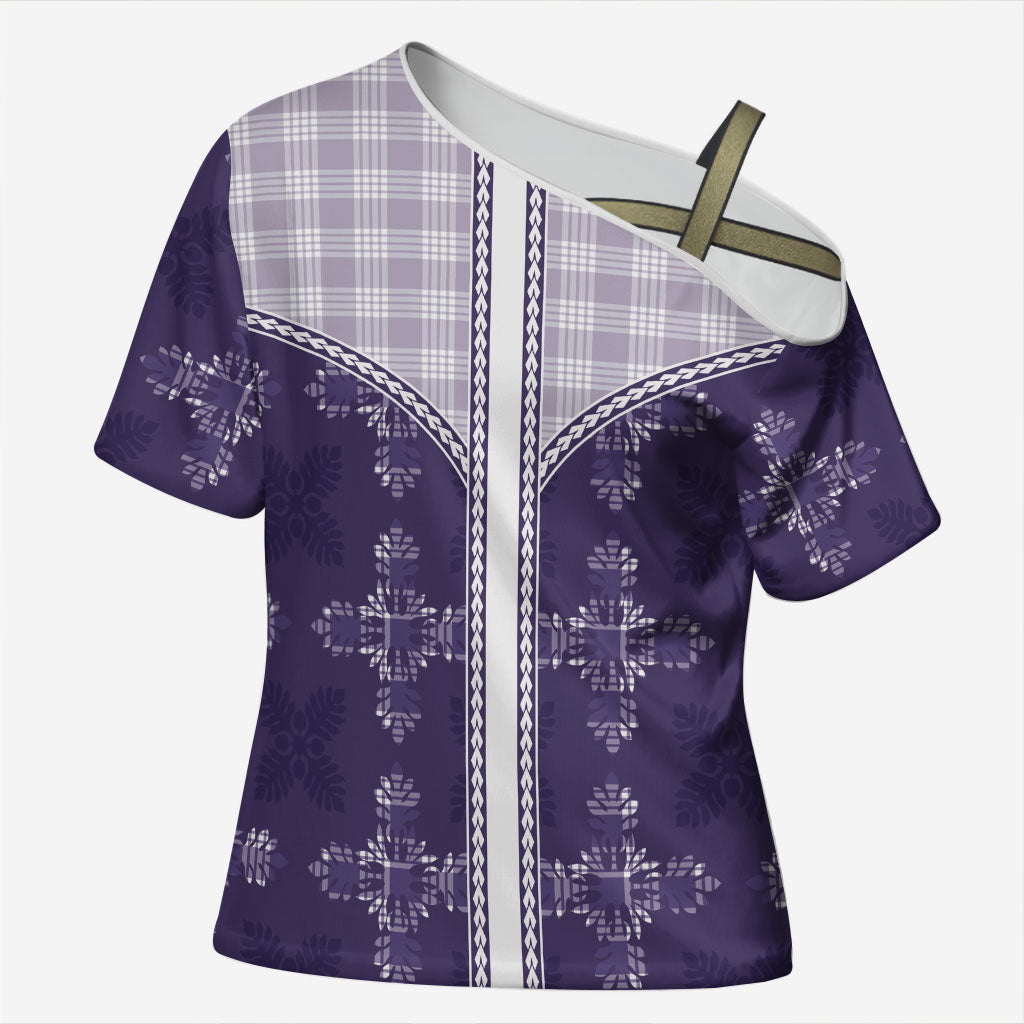 Purple Hawaii Paniolo Quilt Motif Cross Shoulder Shirt LT05 Female Purple - Polynesian Pride