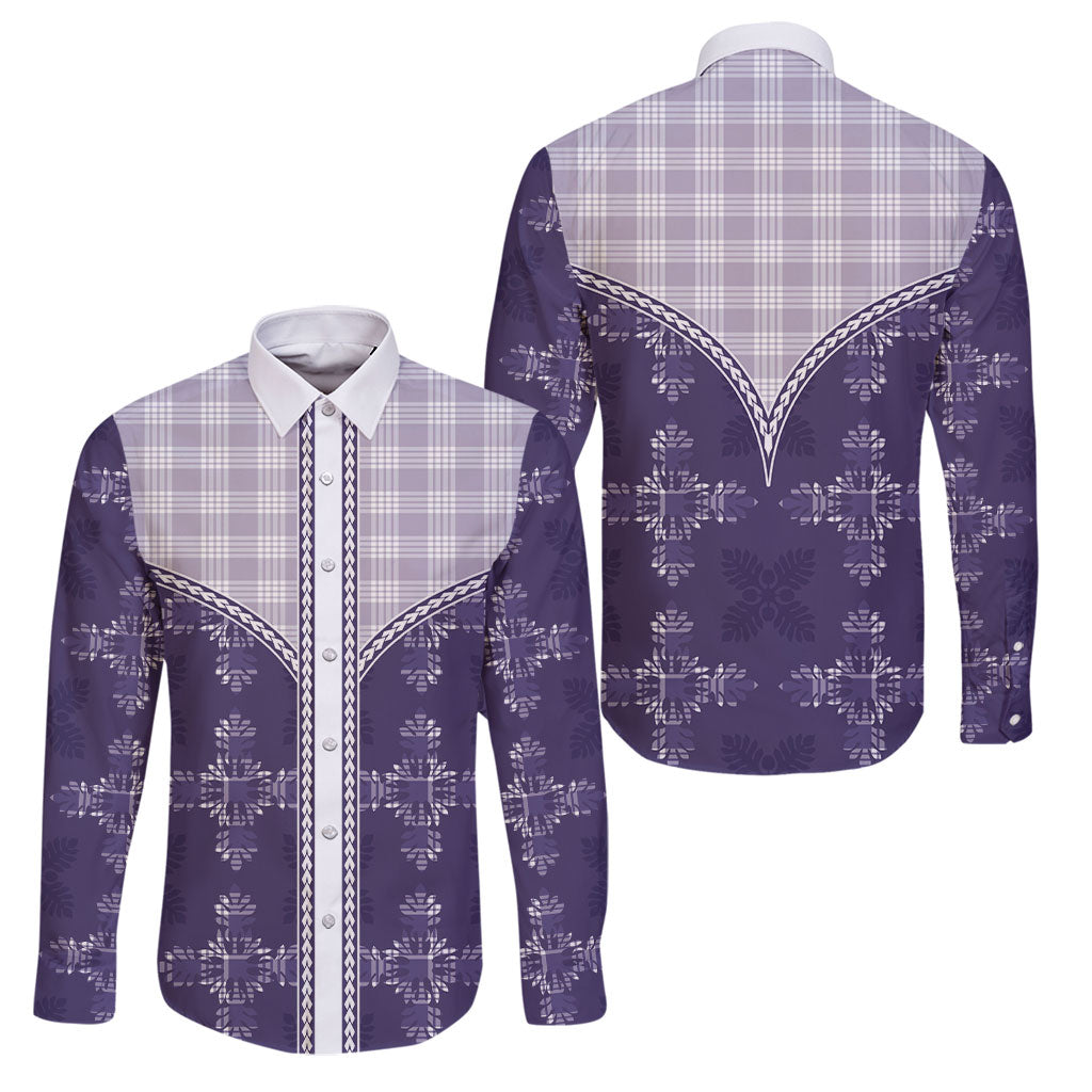 Purple Hawaii Paniolo Quilt Motif Family Matching Puletasi and Hawaiian Shirt LT05 Dad's Shirt - Long Sleeve Purple - Polynesian Pride