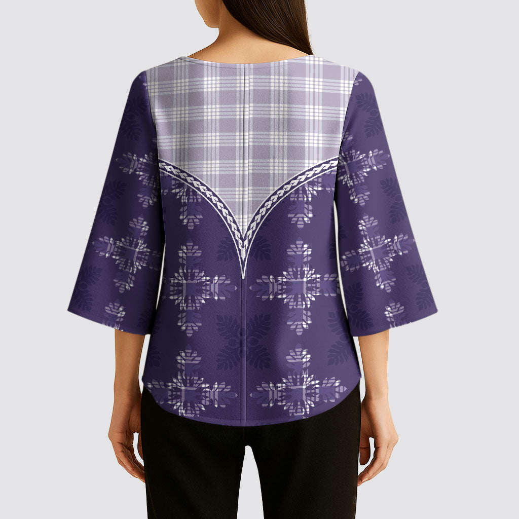 Purple Hawaii Paniolo Quilt Motif Kimono Sleeve Blouse LT05 - Polynesian Pride