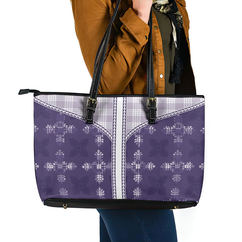 Purple Hawaii Paniolo Quilt Motif Leather Tote Bag LT05 - Polynesian Pride